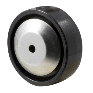 J Series, hard black nylon 100 mm wheel, thread guard, 35mm tread, 300 kg load rating, plain bearing.