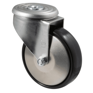 J Series castor, 100mm x 35mm hard black nylon wheel, tread, 300 kg load rating, thread guard, swivel bolt hole.