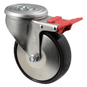 J Series castor, 100mm x 35mm hard black nylon wheel, 300 kg load rating, thread guard, swivel bolt hole, total brake.