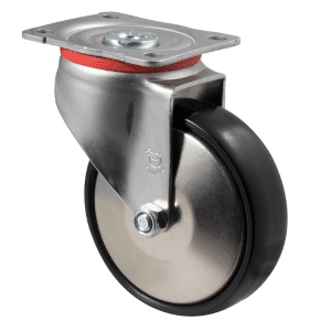 J Series castor, 100mm x 35mm hard black nylon wheel, 300 kg load rating, thread guard, swivel zinc plate.