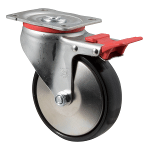 J Series castor, 100mm x 35mm hard black nylon wheel, 300 kg load rating, thread guard, swivel plate, total brake,