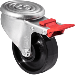 J Series castor, 100mm x 35mm hard black nylon wheel, tread, 300 kg load rating, swivel bolt hole, total brake.