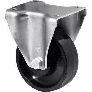 J Series castor, 100mm x 35mm hard black nylon wheel, tread, 300 kg load rating, roller bearing, fixed plate fork.