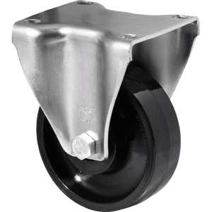 J Series castor, 100mm x 35mm hard black nylon wheel, stainless steel bush, roller bearing, 300kg load rating, zinc fixed plate.