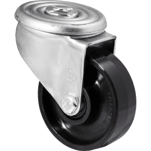 J Series castor, 100mm x 35mm hard black nylon wheel, stainless steel bush, roller bearing, 300kg load rating, zinc swivel bolt hole.
