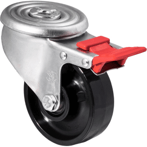J Series castor, 100mm x 35mm hard black nylon wheel, stainless steel bush, roller bearing, 300kg load rating, zinc swivel bolt hole, total brake.