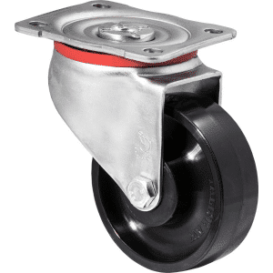 J Series castor, 100mm x 35mm hard black nylon wheel, stainless steel bush, roller bearing, 300kg load rating, zinc swivel plate.