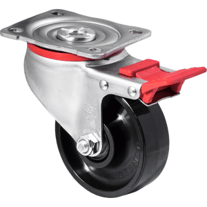 J Series castor, 100mm x 35mm hard black nylon wheel, 300kg load rating, zinc swivel plate, total brake.