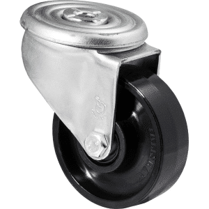 J Series castor, 100mm x 35mm hard black nylon wheel, tread, 300 kg load rating, roller bearing, swivel bolt hole.