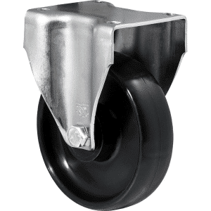 J Series castor, 125mm x 35mm hard black nylon wheel, stainless steel bush, roller bearing, 300kg load rating, zinc fixed plate.