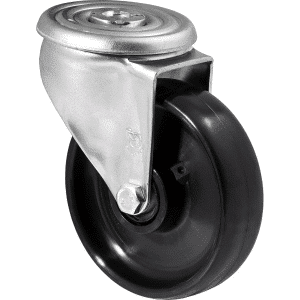 J Series castor, 125mm x 35mm hard black nylon wheel, stainless steel bush, roller bearing, 300kg load rating, zinc swivel bolt hole.