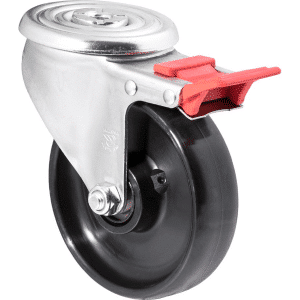 J Series castor, 125mm x 35mm hard black nylon wheel, stainless steel bush, roller bearing, 300kg load rating, zinc swivel bolt hole.