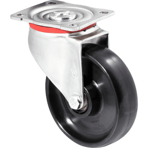 J Series castor, 125mm x 35mm hard black nylon wheel, stainless steel bush, roller bearing, 300kg load rating, zinc swivel plate.