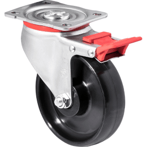 J Series castor, 125mm x 35mm hard black nylon wheel, 300 kg load rating, zinc swivel plate, total brake.