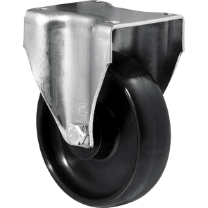 J Series castor, 125mm x 35mm hard black nylon wheel, tread, 300 kg load rating, roller bearing, fixed plate fork.