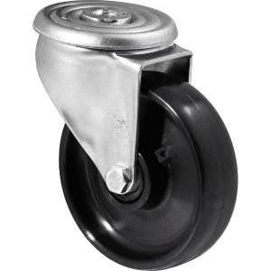 J Series castor, 125mm x 35mm hard black nylon wheel, tread, 300 kg load rating, roller bearing, swivel bolt hole.
