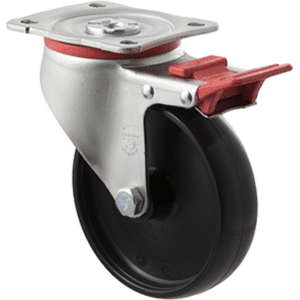 J Series castor, 125mm x 35mm hard black nylon wheel, tread, 300 kg load rating, swivel zinc plate, total brake,