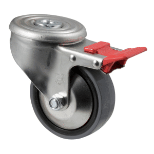 J Series castor, polyurethane (PU) 100mm x 32mm wheel, thread guard, 300 kg load rating, swivel bolt hole, total brake.