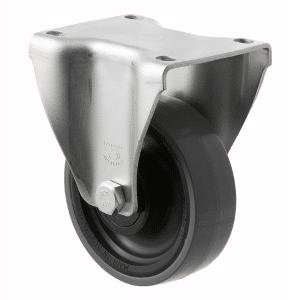J Series castor, polyurethane (PU) 100mm x 32mm wheel, plain bearing, 300 kg load rating, fixed plate zinc fork