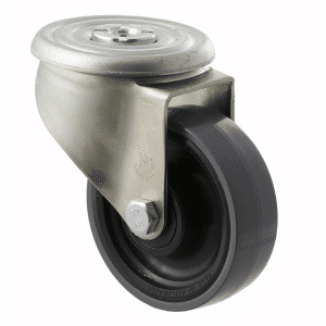 J Series castor, polyurethane (PU) 100mm x 32mm wheel, plain bearing, 300 kg load rating, swivel zinc bolt hole