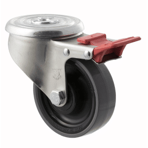 J Series castor, polyurethane (PU) 100mm x 32mm wheel, plain bearing, 300 kg load rating, swivel bolt hole, total brake.
