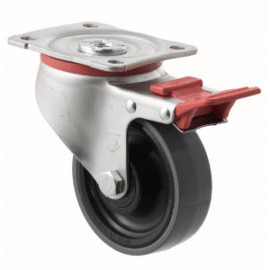 J Series castor, polyurethane (PU) 100mm x 32mm wheel, plain bearing, 300 kg load rating, swivel plate, total brake.