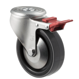 J Series castor, 125mm x 38mm polyurethane (PU) wheel, thread guard, 300 kg load rating, swivel bolt hole, total brake,