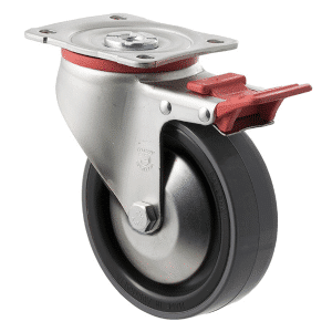 J Series castor, 125mm x 38mm polyurethane (PU) wheel, thread guard, 300 kg load rating, swivel plate, total brake,