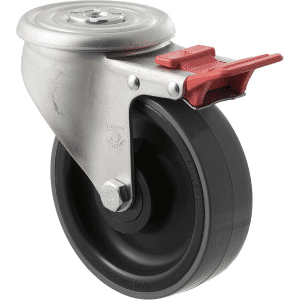 J Series castor, 125mm x 38mm polyurethane (PU) wheel, plain bearing, 300 kg load rating, swivel bolt hole, total brake,
