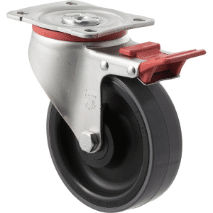 J Series castor, 125mm x 38mm polyurethane (PU) wheel, plain bearing, 300 kg load rating, swivel plate, total brake,