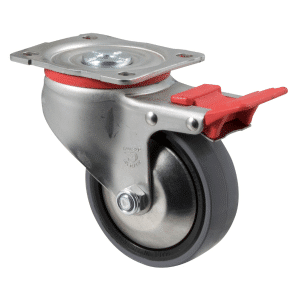 J Series castor, polyurethane (PU) 100mm x 32mm wheel, thread guard, 300 kg load rating, swivel plate, total brake,