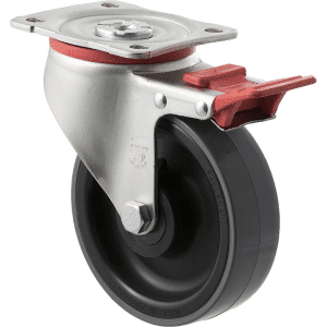 J Series castor, 125mm x 38mm polyurethane (PU) wheel, roller bearing, 300 kg load rating, swivel plate, total brake.