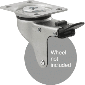 K Series zinc fork for a 75mm x 28mm wheel, swivel plate, total brake, Chicago screw.