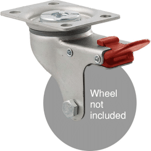 K Series zinc fork for 75mm x 28mm wheel, swivel plate, total brake, grey seal & red pedal.