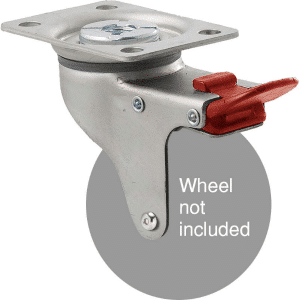 K Series zinc fork for 75mm x 28mm wheel, swivel plate, total brake, grey seal & red pedal.