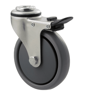 K Series castor, 100mm x 23mm TPE rubber wheel, thread guard, swivel bolt hole, total brake, 50 kg load rating