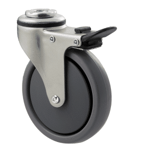 K Series castor, 100mm x 23mm TPE rubber wheel, thread guard, swivel bolt hole, total brake, Chicago screw axle, 50 kg load rating