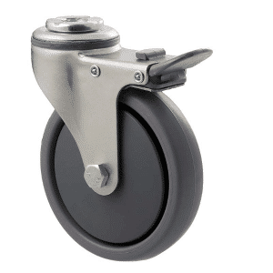 K Series castor, 100mm x 23mm TPE rubber wheel, thread guard, swivel bolt hole, total brake, 50 kg load rating