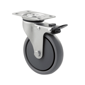 K Series castor, 100mm TPE rubber wheel, thread guard, plain bearing, swivel plate, total brake, 50 kg load rating