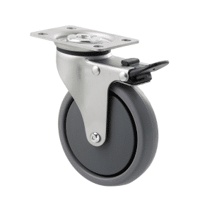 K Series castor, 100mm TPE rubber wheel, thread guard, plain bearing, swivel plate, total brake, Chicago screw axle, 50 kg load rating