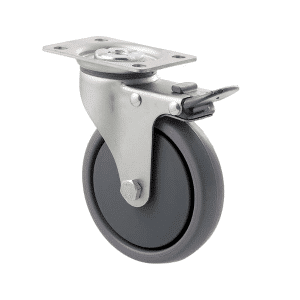 K Series castor, 100mm TPE rubber wheel, thread guard, plain bearing, swivel plate, total brake, grey seal & pedal, 50 kg load rating