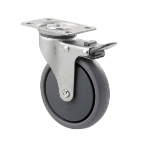 K Series castor, 100mm TPE rubber wheel, thread guard, plain bearing, swivel plate, total brake, Chicago screw axle, grey seal & pedal, 50 kg load rating