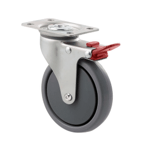 K Series castor, 100mm TPE rubber wheel, thread guard, plain bearing, swivel plate, total brake, Chicago screw axle, grey seal & red pedal, 50 kg load rating