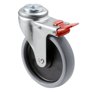 K Series castor, 100mm x 23mm TPE rubber wheel, plain bearing, swivel bolt hole, total brake, grey seal & red pedal, 50 kg load rating