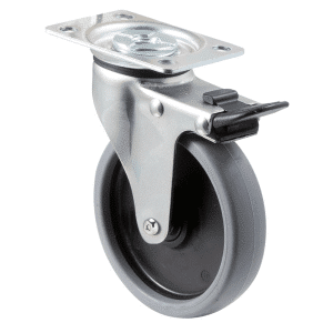 K Series castor, 100mm x 23mm TPE rubber wheel, plain bearing, swivel plate, total brake, Chicago screw, 50 kg load rating