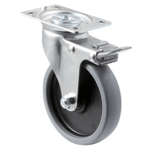 K Series castor, 100mm x 23mm TPE rubber wheel, plain bearing, swivel plate, total brake, grey pedal/seal