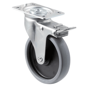 K Series castor, 100mm x 23mm TPE rubber wheel, plain bearing, swivel plate, total brake, grey pedal/seal, Chicago screw axle, 50 kg load rating