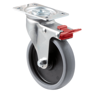 K Series castor, 100mm x 23mm TPE rubber wheel, plain bearing, swivel plate, total brake, red pedal and grey seal, 50 kg load rating