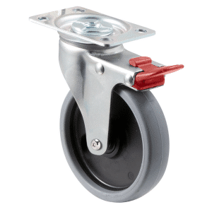 K Series castor, 100mm x 23mm TPE rubber wheel, plain bearing, swivel plate, total brake, red pedal and grey seal, Chicago screw axle, 50 kg load rating