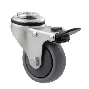 K Series castor, 65mm x 23mm TPE rubber wheel, thread guard, swivel bolt hole, total brake, 50 kg load rating